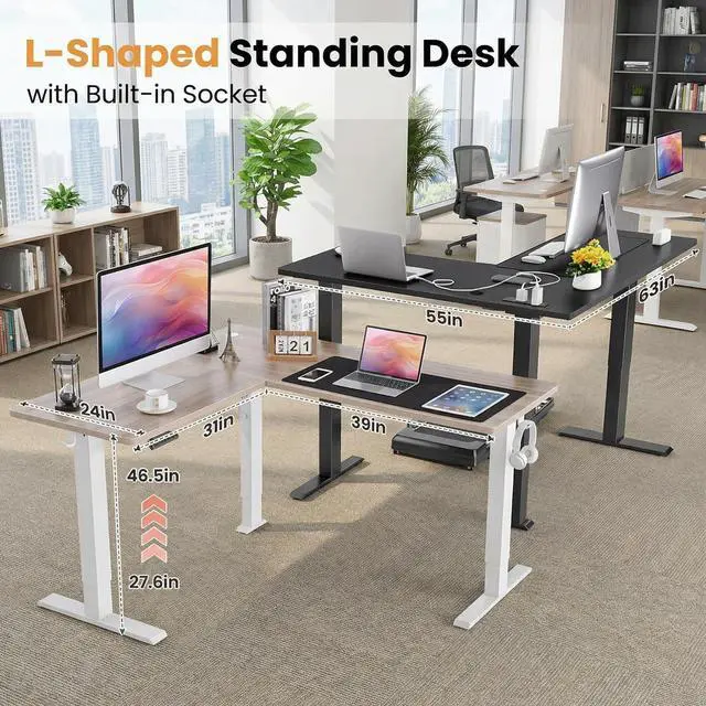Alt view image 6 of 7 - 63 L Shaped Standing Desk with Charging Station,Supports Left and Right Swapping,Electric Height Adjustable Corner Stand Up Desk.Free Hook, Lockable Wheels,Mouse Pad,Brown