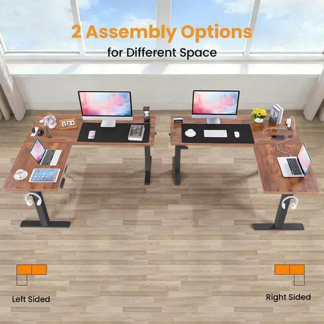 Alt view image 7 of 7 - 63 L Shaped Standing Desk with Charging Station,Supports Left and Right Swapping,Electric Height Adjustable Corner Stand Up Desk.Free Hook, Lockable Wheels,Mouse Pad,Brown