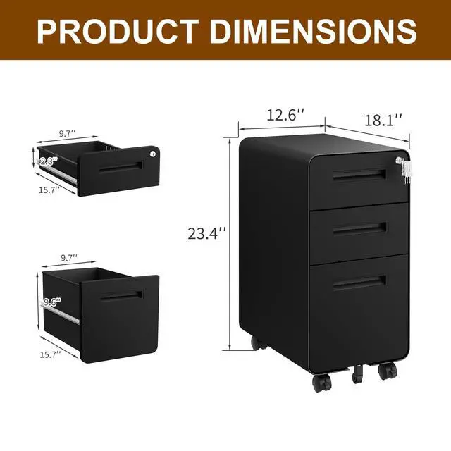 Alt view image 3 of 7 - 3 Drawer Slim Narrow Mobile File Cabinet with Lock and 4 Keys | Metal Filing Cabinet for Home Office, Under Desk, Pre-Assembly, File Drawer, Letter/Legal/A4 Hanging File Folders