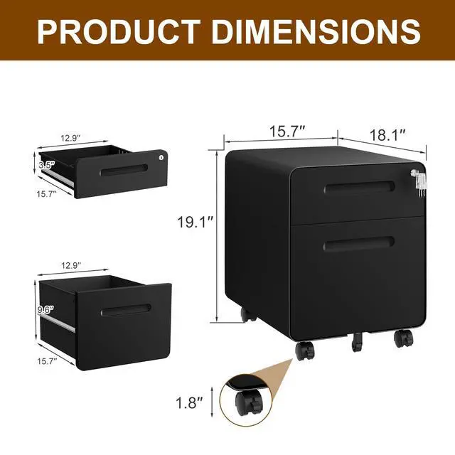 Alt view image 3 of 7 - 2 Drawer Mobile Low Profile File Cabinet with Lock and 4 Keys | Metal Filing Cabinet for Home Office, Under Desk, Pre-Assembly, File Drawer, Letter/Legal/A4 Hanging File Folders