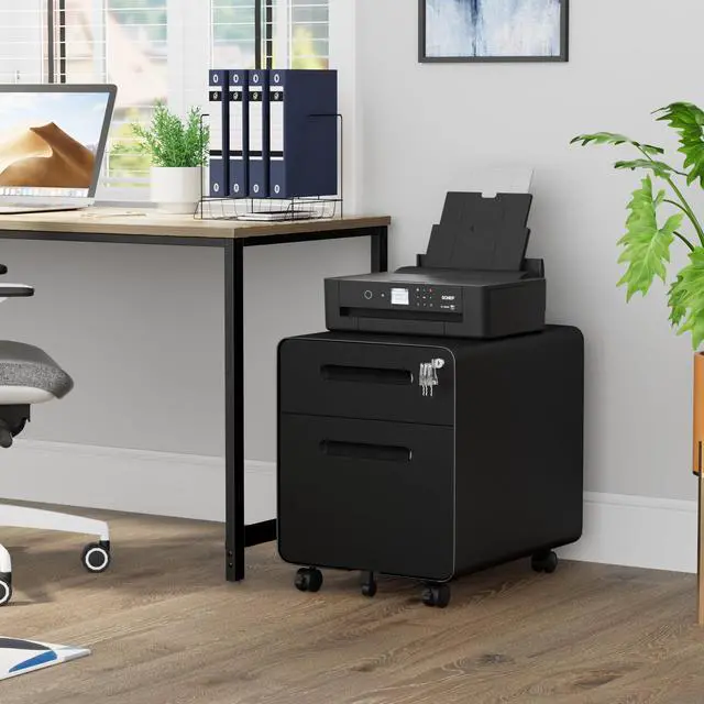 Alt view image 2 of 7 - 2 Drawer Mobile Low Profile File Cabinet with Lock and 4 Keys | Metal Filing Cabinet for Home Office, Under Desk, Pre-Assembly, File Drawer, Letter/Legal/A4 Hanging File Folders