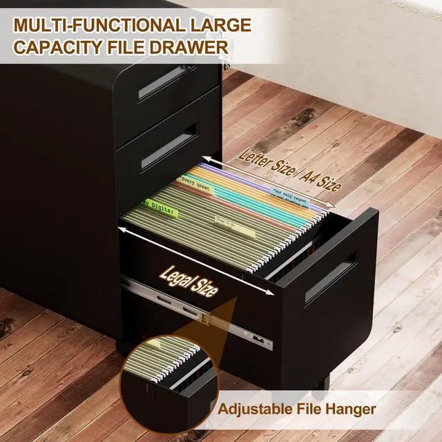 Alt view image 7 of 7 - 3 Drawer Slim Narrow Mobile File Cabinet with Lock and 4 Keys | Metal Filing Cabinet for Home Office, Under Desk, Pre-Assembly, File Drawer, Letter/Legal/A4 Hanging File Folders