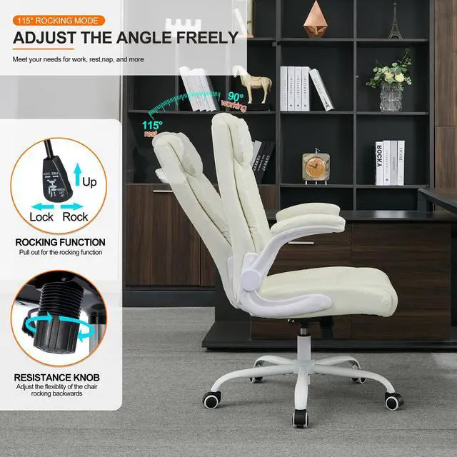 Alt view image 3 of 6 - Office Desk Chair,Ergonomic Conference Room Chairs,Mid Back Executive Leather Chair,Comfy Computer Desk Chairs with Adjustable Flip-Up Arms and Rocking Function (Beige)