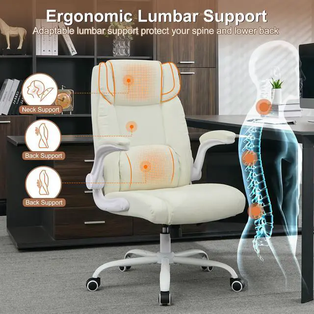 Alt view image 6 of 6 - Office Desk Chair,Ergonomic Conference Room Chairs,Mid Back Executive Leather Chair,Comfy Computer Desk Chairs with Adjustable Flip-Up Arms and Rocking Function (Beige)