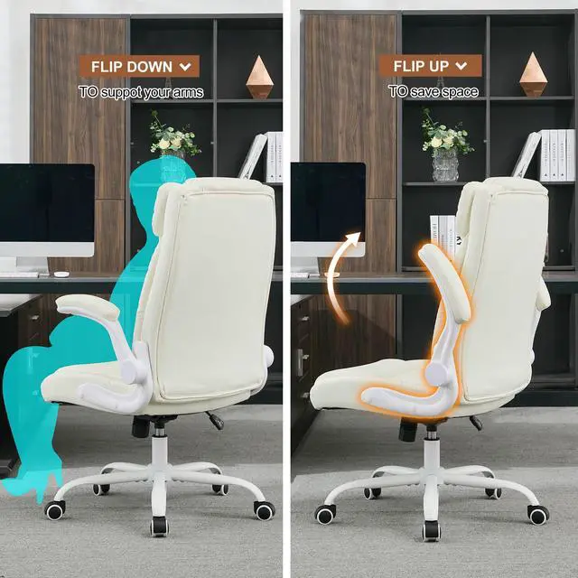 Alt view image 4 of 6 - Office Desk Chair,Ergonomic Conference Room Chairs,Mid Back Executive Leather Chair,Comfy Computer Desk Chairs with Adjustable Flip-Up Arms and Rocking Function (Beige)