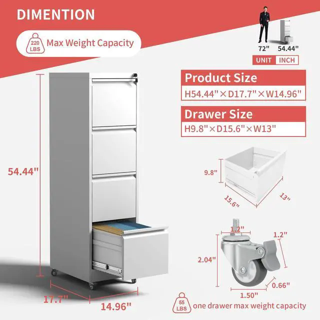 Alt view image 3 of 7 - 4 Drawer Mobile File Cabinet with Lock,White Metal Filing Cabinets | Vertical File Cabinet with Wheels,Heavy Duty Home Office Storage Cabinet for A4/Letter/Legal Size File,Assembly Required