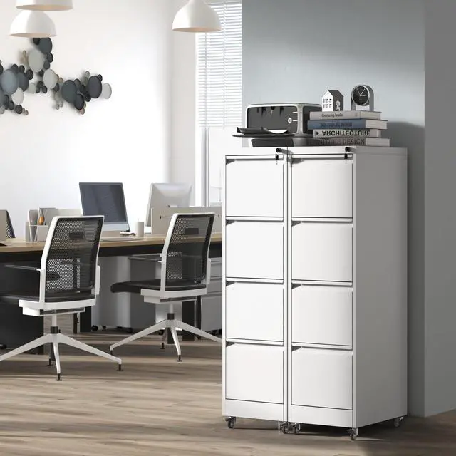Alt view image 2 of 7 - 4 Drawer Mobile File Cabinet with Lock,White Metal Filing Cabinets | Vertical File Cabinet with Wheels,Heavy Duty Home Office Storage Cabinet for A4/Letter/Legal Size File,Assembly Required