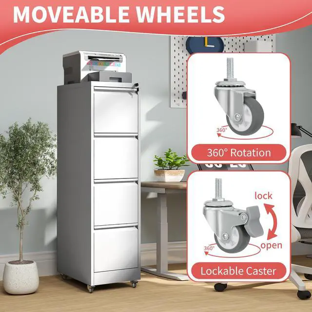 Alt view image 6 of 7 - 4 Drawer Mobile File Cabinet with Lock,White Metal Filing Cabinets | Vertical File Cabinet with Wheels,Heavy Duty Home Office Storage Cabinet for A4/Letter/Legal Size File,Assembly Required