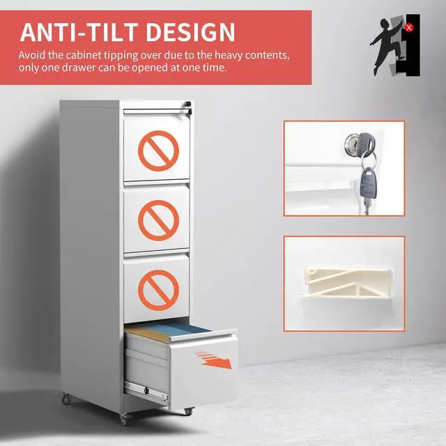 Alt view image 5 of 7 - 4 Drawer Mobile File Cabinet with Lock,White Metal Filing Cabinets | Vertical File Cabinet with Wheels,Heavy Duty Home Office Storage Cabinet for A4/Letter/Legal Size File,Assembly Required