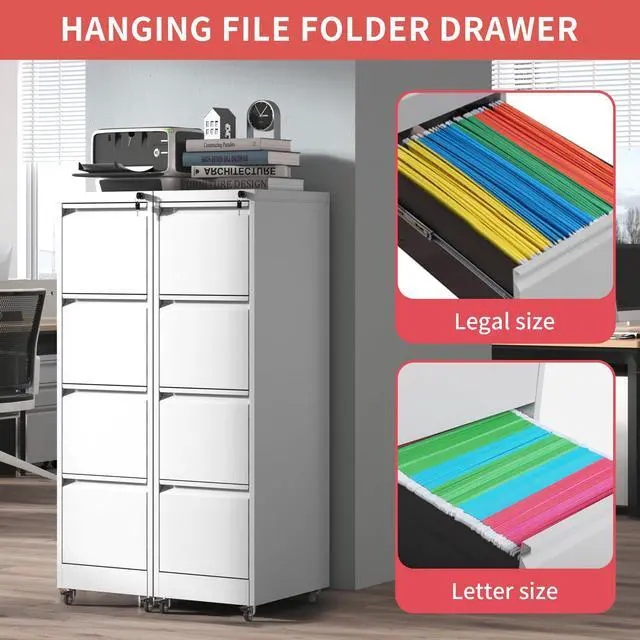Alt view image 4 of 7 - 4 Drawer Mobile File Cabinet with Lock,White Metal Filing Cabinets | Vertical File Cabinet with Wheels,Heavy Duty Home Office Storage Cabinet for A4/Letter/Legal Size File,Assembly Required
