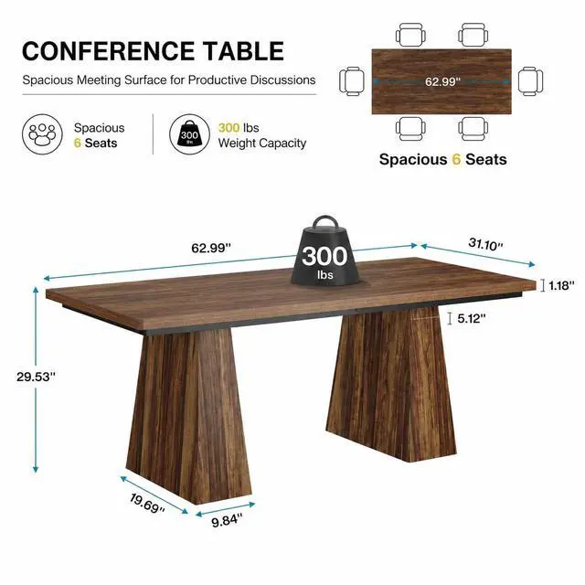 Alt view image 2 of 7 - 5FT Conference Table, Rectangular Meeting Table, Dark Brown | Base for 4-6Heavy-Duty Conference Room Table for Office, 63" L x 31.10" W x 29.53" H