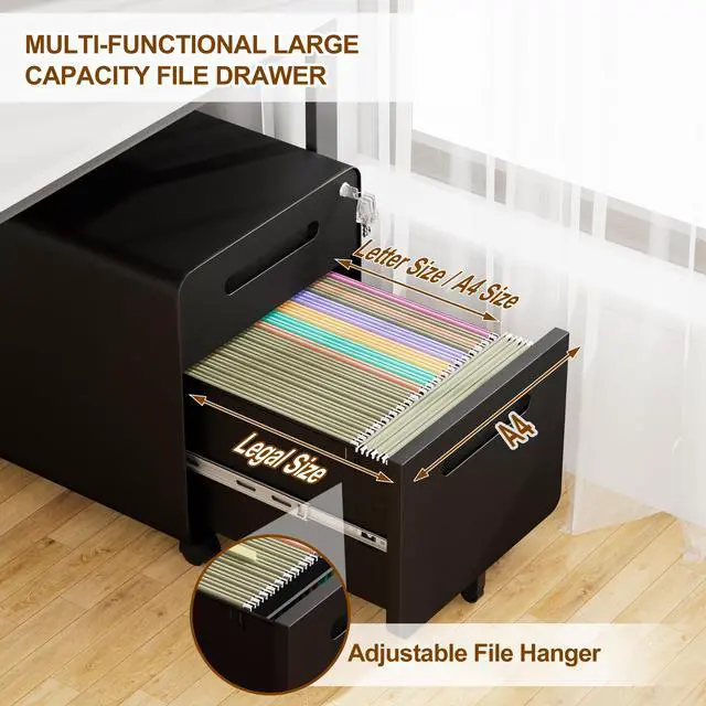 Alt view image 6 of 7 - 2 Drawer Mobile Low Profile File Cabinet with Lock and 4 Keys | Metal Filing Cabinet for Home Office, Under Desk, Pre-Assembly, File Drawer, Letter/Legal/A4 Hanging File Folders