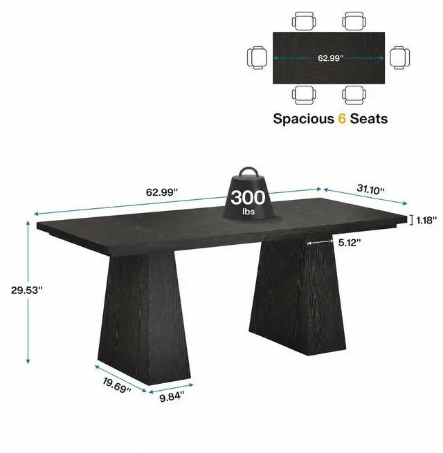 Alt view image 2 of 7 - 5FT Conference Table, Rectangular Meeting Table, Black,Modern | 63" Office Table with Pedestal Base for 4-6Heavy-Duty Conference Room Table for Office, 63" W x 31.10" D x 29.53" H