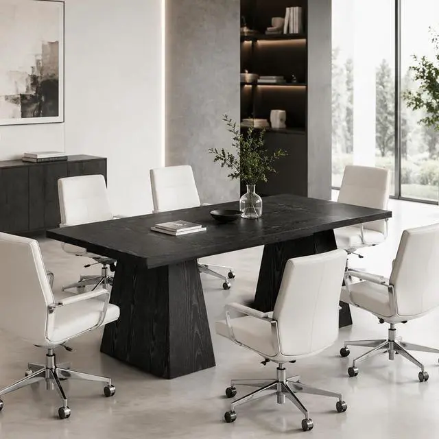 Alt view image 4 of 7 - 5FT Conference Table, Rectangular Meeting Table, Black,Modern | 63" Office Table with Pedestal Base for 4-6Heavy-Duty Conference Room Table for Office, 63" W x 31.10" D x 29.53" H