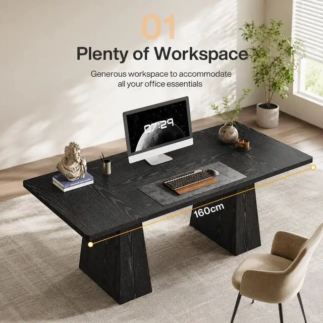 Alt view image 5 of 7 - 5FT Conference Table, Rectangular Meeting Table, Black,Modern | 63" Office Table with Pedestal Base for 4-6Heavy-Duty Conference Room Table for Office, 63" W x 31.10" D x 29.53" H