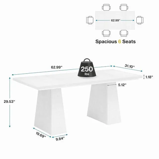 Alt view image 2 of 6 - 5FT Conference Table, Rectangular Conference Room Table, White | 63" Office Table with Pedestal Base for 4-6Heavy-Duty Meeting Table for Office Conference Room, 63" L x 31.10" W x 29.53" H