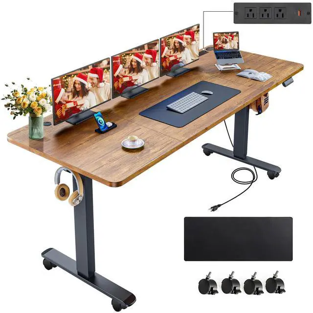 Main image of Electric Standing Desk 71 x 28in with Outlets,Rolling Stand up Desk with Oversized Mouse Pad, Wheels,3 USB Ports & 3 Power Outlets,4 Preset Heights Easy to Set for Home Office(Brown)