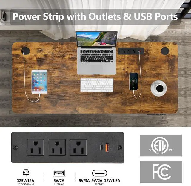 Alt view image 3 of 7 - Electric Standing Desk with Power Outlets and USB-C Port, 63 x 24 Inches Adjustable Height Sit Stand Up Desk for Home Office, Adjustable Desk with Memory Preset and Wheels, Brown