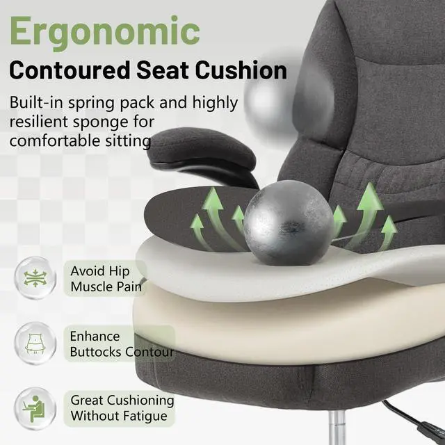 Alt view image 2 of 7 - 500LBS Drafting Chair, High Back Safer Standing Desk Chair, Executive Tall Office Chair with Flip-up Armrests, Upholstered Fabric Task Chair, Ergonomic Seat with Adjustable Height&Foot Ring, Dark Gray