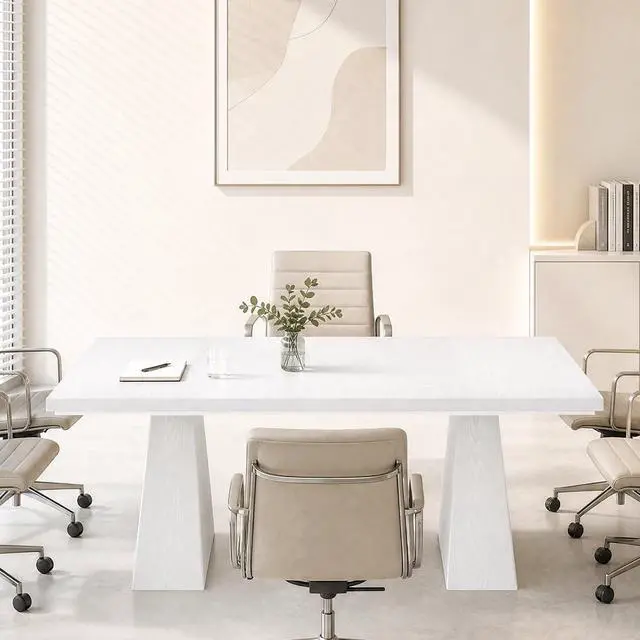 Alt view image 6 of 6 - 5FT Conference Table, Rectangular Conference Room Table, White | 63" Office Table with Pedestal Base for 4-6Heavy-Duty Meeting Table for Office Conference Room, 63" L x 31.10" W x 29.53" H