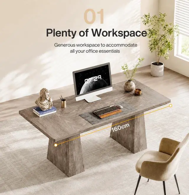 Alt view image 4 of 5 - 5FT Conference Table, Rectangular Conference Room Table, Gray | 63" Office Table with Pedestal Base for 4-6Heavy-Duty Meeting Table for Office Conference Room, 63" L x 31.10" W x 29.53" H