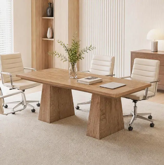 Main image of 5FT Conference Table, Rectangular Meeting Table, Natural Wood | 63" Office Table with Pedestal Base for 4-6Heavy-Duty Conference Room Table for Office, 63" L x 31.10" W x 29.53" H