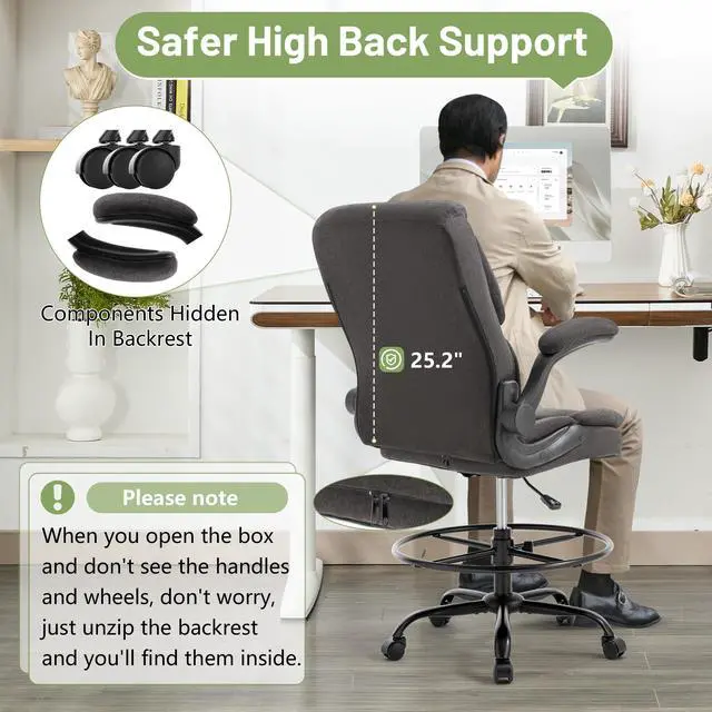 Alt view image 3 of 7 - 500LBS Drafting Chair, High Back Safer Standing Desk Chair, Executive Tall Office Chair with Flip-up Armrests, Upholstered Fabric Task Chair, Ergonomic Seat with Adjustable Height&Foot Ring, Dark Gray