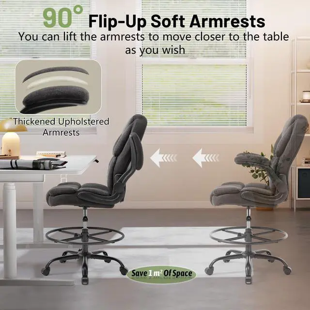 Alt view image 4 of 7 - 500LBS Drafting Chair, High Back Safer Standing Desk Chair, Executive Tall Office Chair with Flip-up Armrests, Upholstered Fabric Task Chair, Ergonomic Seat with Adjustable Height&Foot Ring, Dark Gray