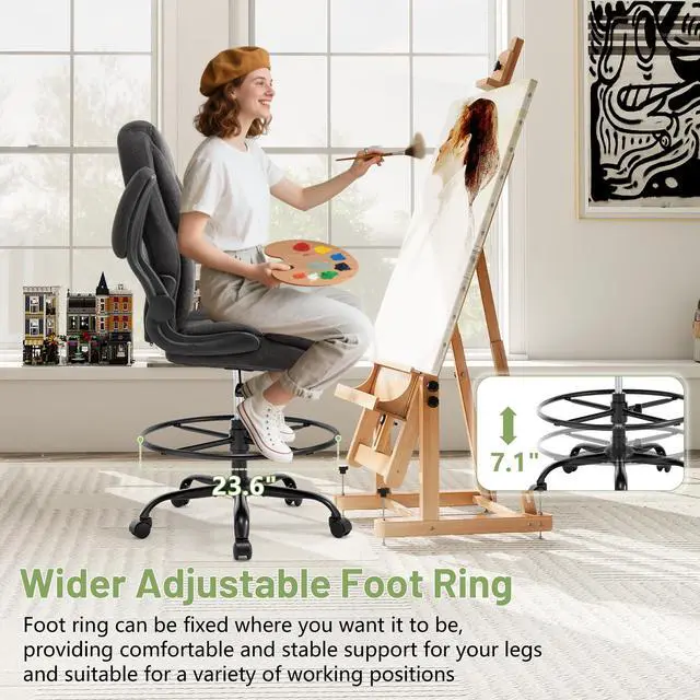 Alt view image 5 of 7 - 500LBS Drafting Chair, High Back Safer Standing Desk Chair, Executive Tall Office Chair with Flip-up Armrests, Upholstered Fabric Task Chair, Ergonomic Seat with Adjustable Height&Foot Ring, Dark Gray