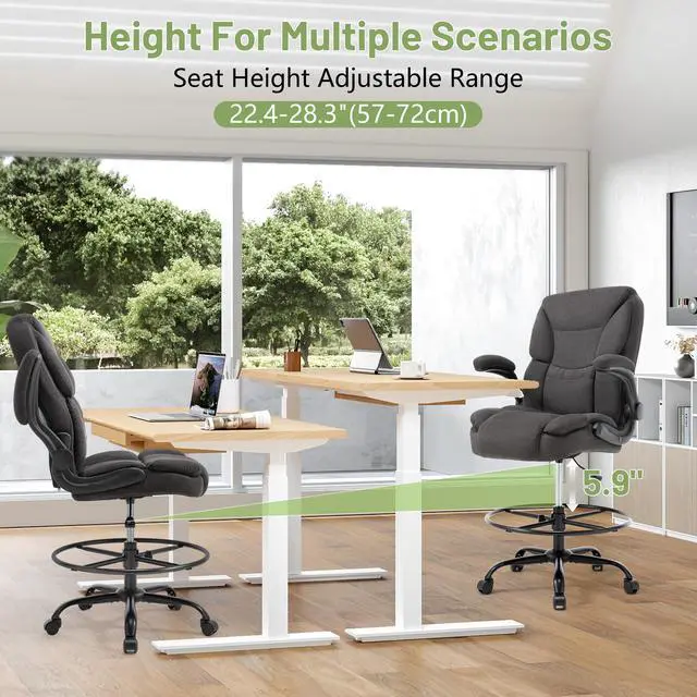 Alt view image 6 of 7 - 500LBS Drafting Chair, High Back Safer Standing Desk Chair, Executive Tall Office Chair with Flip-up Armrests, Upholstered Fabric Task Chair, Ergonomic Seat with Adjustable Height&Foot Ring, Dark Gray