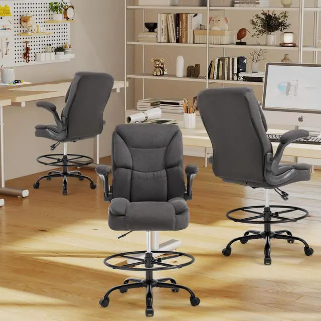 Alt view image 7 of 7 - 500LBS Drafting Chair, High Back Safer Standing Desk Chair, Executive Tall Office Chair with Flip-up Armrests, Upholstered Fabric Task Chair, Ergonomic Seat with Adjustable Height&Foot Ring, Dark Gray