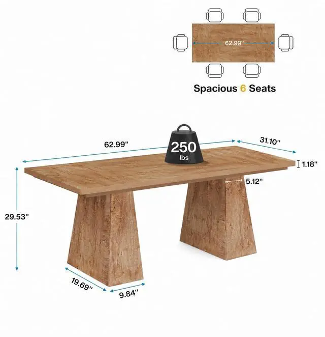 Alt view image 2 of 6 - 5FT Conference Table, Rectangular Meeting Table, Natural Wood | 63" Office Table with Pedestal Base for 4-6Heavy-Duty Conference Room Table for Office, 63" L x 31.10" W x 29.53" H
