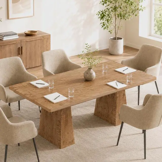Alt view image 4 of 6 - 5FT Conference Table, Rectangular Meeting Table, Natural Wood | 63" Office Table with Pedestal Base for 4-6Heavy-Duty Conference Room Table for Office, 63" L x 31.10" W x 29.53" H