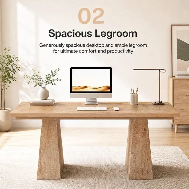 Alt view image 6 of 6 - 5FT Conference Table, Rectangular Meeting Table, Natural Wood | 63" Office Table with Pedestal Base for 4-6Heavy-Duty Conference Room Table for Office, 63" L x 31.10" W x 29.53" H