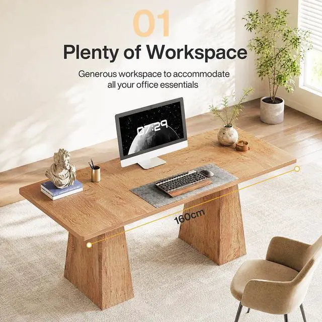 Alt view image 5 of 6 - 5FT Conference Table, Rectangular Meeting Table, Natural Wood | 63" Office Table with Pedestal Base for 4-6Heavy-Duty Conference Room Table for Office, 63" L x 31.10" W x 29.53" H