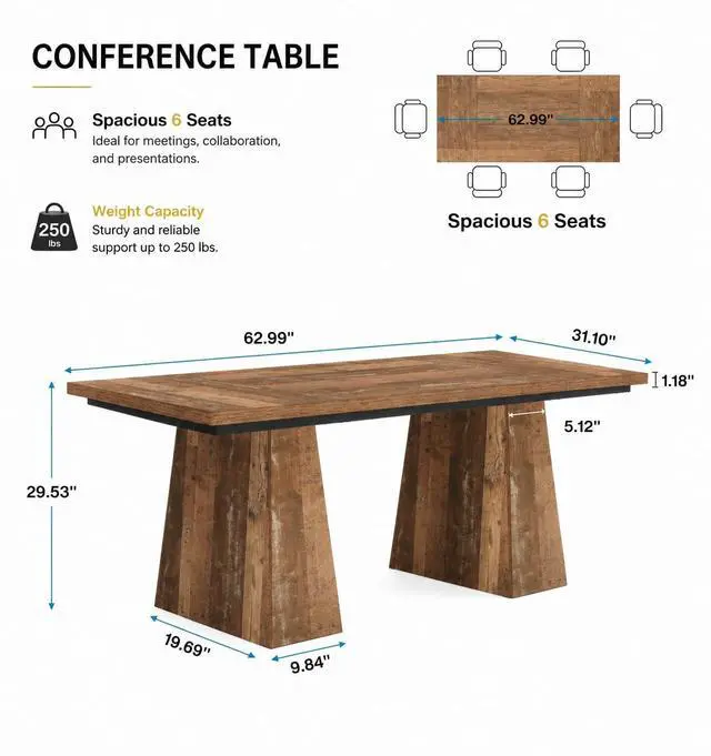 Alt view image 2 of 6 - 5FT Conference Table, Rectangular Meeting Table, Rustic Brown | 63" Office Table with Pedestal Base for 4-6Heavy-Duty Conference Room Table for Office, 63" L x 31.10" W x 29.53" H
