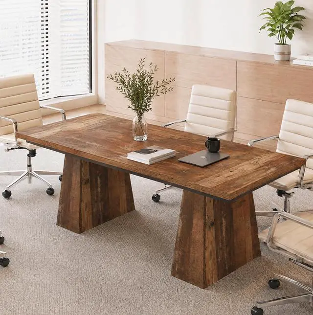 Main image of 5FT Conference Table, Rectangular Meeting Table, Rustic Brown | 63" Office Table with Pedestal Base for 4-6Heavy-Duty Conference Room Table for Office, 63" L x 31.10" W x 29.53" H
