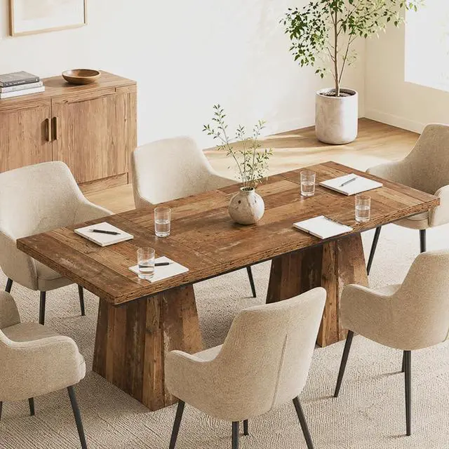 Alt view image 3 of 6 - 5FT Conference Table, Rectangular Meeting Table, Rustic Brown | 63" Office Table with Pedestal Base for 4-6Heavy-Duty Conference Room Table for Office, 63" L x 31.10" W x 29.53" H