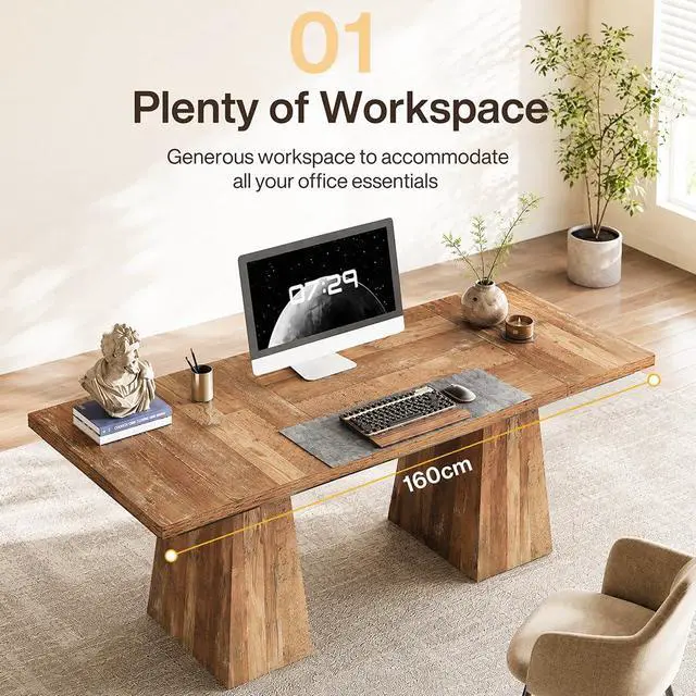 Alt view image 5 of 6 - 5FT Conference Table, Rectangular Meeting Table, Rustic Brown | 63" Office Table with Pedestal Base for 4-6Heavy-Duty Conference Room Table for Office, 63" L x 31.10" W x 29.53" H