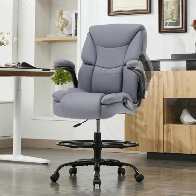 Main image of 500LBS Drafting Chair, High Back Safer Standing Desk Chair, Executive Tall Office Chair with Flip-up Armrests, Upholstered PU Leather Task Chair, Ergonomic Seat with Adjustable Height&Foot Ring, Grey