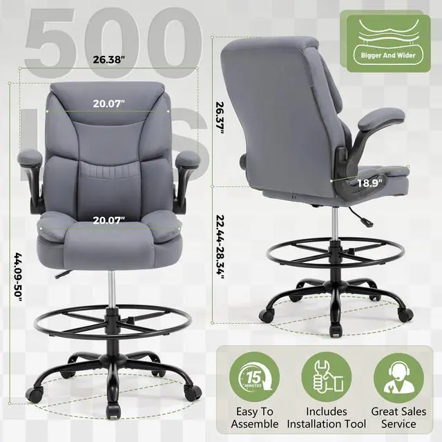 Alt view image 2 of 6 - 500LBS Drafting Chair, High Back Safer Standing Desk Chair, Executive Tall Office Chair with Flip-up Armrests, Upholstered PU Leather Task Chair, Ergonomic Seat with Adjustable Height&Foot Ring, Grey