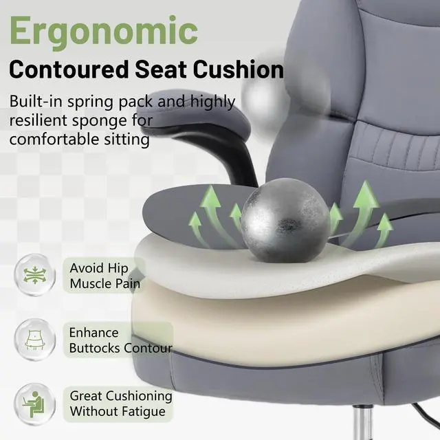 Alt view image 3 of 6 - 500LBS Drafting Chair, High Back Safer Standing Desk Chair, Executive Tall Office Chair with Flip-up Armrests, Upholstered PU Leather Task Chair, Ergonomic Seat with Adjustable Height&Foot Ring, Grey