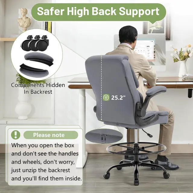 Alt view image 4 of 6 - 500LBS Drafting Chair, High Back Safer Standing Desk Chair, Executive Tall Office Chair with Flip-up Armrests, Upholstered PU Leather Task Chair, Ergonomic Seat with Adjustable Height&Foot Ring, Grey