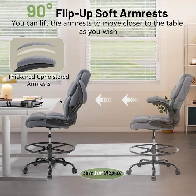 Alt view image 5 of 6 - 500LBS Drafting Chair, High Back Safer Standing Desk Chair, Executive Tall Office Chair with Flip-up Armrests, Upholstered PU Leather Task Chair, Ergonomic Seat with Adjustable Height&Foot Ring, Grey