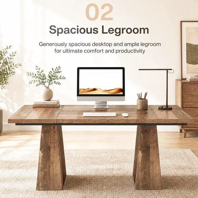 Alt view image 6 of 6 - 5FT Conference Table, Rectangular Meeting Table, Rustic Brown | 63" Office Table with Pedestal Base for 4-6Heavy-Duty Conference Room Table for Office, 63" L x 31.10" W x 29.53" H