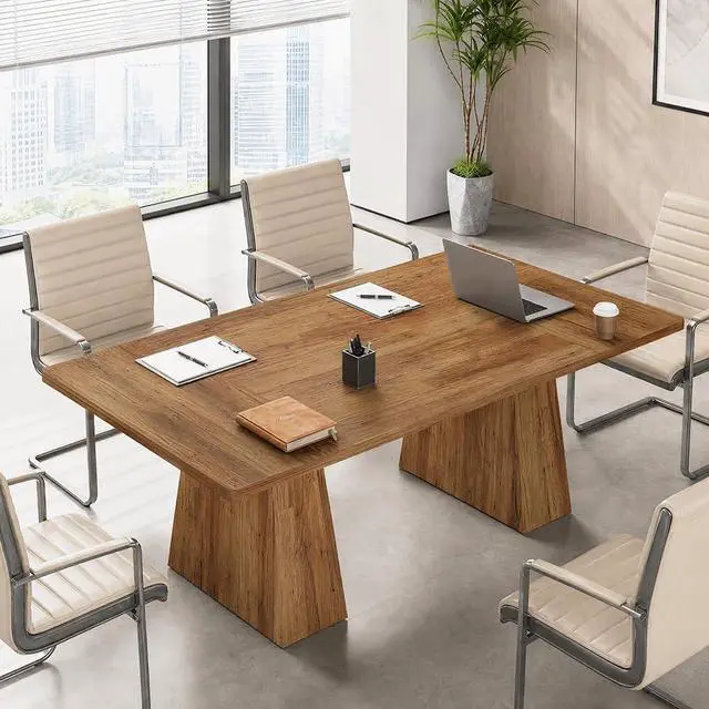Alt view image 3 of 7 - 5FT Conference Table, Rectangular Meeting Table, Light Brown | 63" Office Table with Pedestal Base for 4-6Heavy-Duty Conference Room Table for Office, 63" W x 31.10" D x 29.53" H