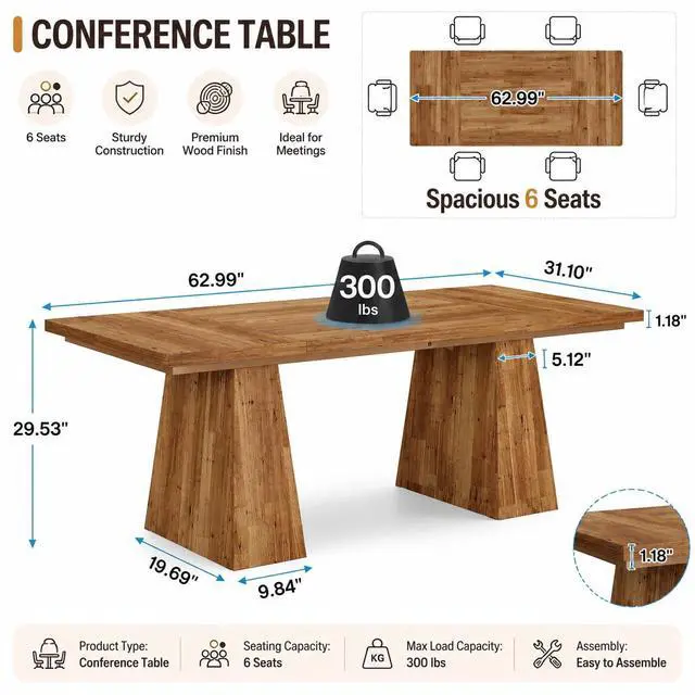 Alt view image 2 of 7 - 5FT Conference Table, Rectangular Meeting Table, Light Brown | 63" Office Table with Pedestal Base for 4-6Heavy-Duty Conference Room Table for Office, 63" W x 31.10" D x 29.53" H