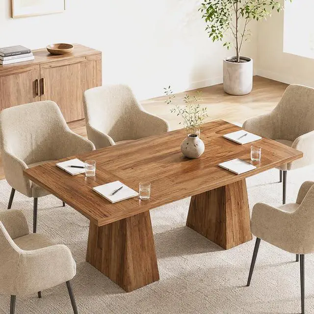 Alt view image 5 of 7 - 5FT Conference Table, Rectangular Meeting Table, Light Brown | 63" Office Table with Pedestal Base for 4-6Heavy-Duty Conference Room Table for Office, 63" W x 31.10" D x 29.53" H