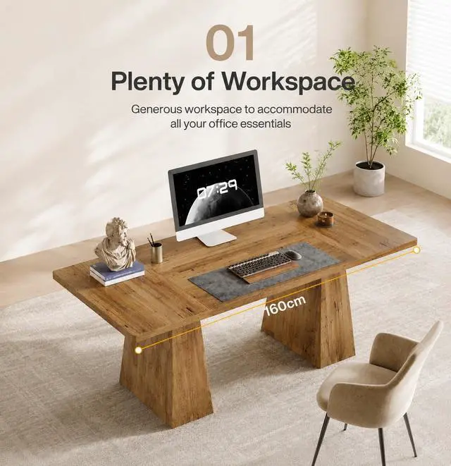 Alt view image 6 of 7 - 5FT Conference Table, Rectangular Meeting Table, Light Brown | 63" Office Table with Pedestal Base for 4-6Heavy-Duty Conference Room Table for Office, 63" W x 31.10" D x 29.53" H