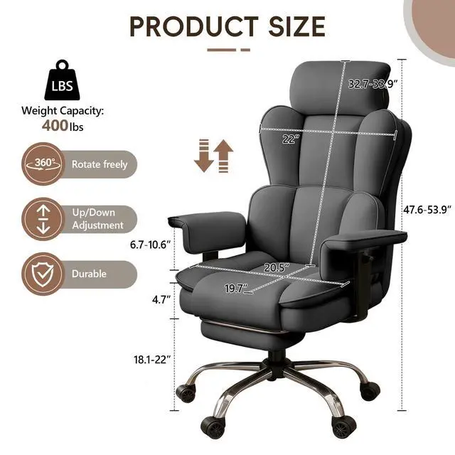 Alt view image 2 of 7 - Big and Tall Office Chair, Heavy Duty Executive Office Desk Chair with Adjustable Armrests and Foot Rest, Leather Computer Gaming Chair for Home Office